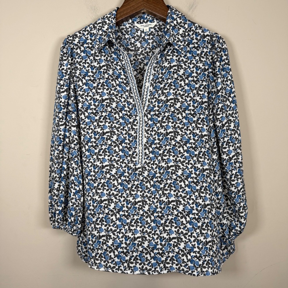 Max Studio Blue/White Floral V-Neck Elastic Sleeve Blouse XL Cottagecore